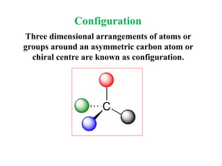 Three dimensional arrangements of atoms or
groups around an asymmetric carbon atom or
chiral centre are known as configuration.
Configuration
 