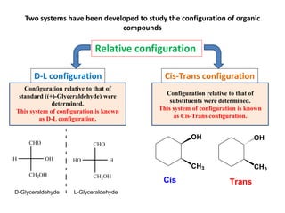 Two systems have been developed to study the configuration of organic
compounds
Relative configuration
D-L configuration Cis-Trans configuration
Configuration relative to that of
standard ((+)-Glyceraldehyde) were
determined.
This system of configuration is known
as D-L configuration.
Configuration relative to that of
substituents were determined.
This system of configuration is known
as Cis-Trans configuration.
CHO
CH2OH
OH
H H
CH2OH
HO
CHO
D-Glyceraldehyde L-Glyceraldehyde
OH
CH3
OH
CH3
Cis Trans
 