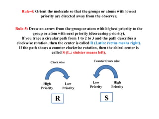 Rule-4: Orient the molecule so that the groups or atoms with lowest
priority are directed away from the observer.
Rule-5: Draw an arrow from the group or atom with highest priority to the
group or atom with next priority (decreasing priority).
If you trace a circular path from 1 to 2 to 3 and the path describes a
clockwise rotation, then the center is called R (Latin: rectus means right).
If the path shows a counter clockwise rotation, then the chiral center is
called S (L.: sinister means left).
High
Priority
Low
Priority
Low
Priority
High
Priority
R S
Clock wise Counter Clock wise
 