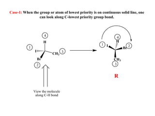 Case-1: When the group or atom of lowest priority is on continuous solid line, one
can look along C-lowest priority group bond.
H
CH3
I
Br
4
1
2
3
View the molecule
along C-H bond
I
Br
CH3
H
1 2
3
4
R
 