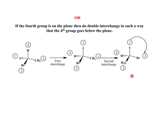 If the fourth group is on the plane then do double interchange in such a way
that the 4th group goes below the plane.
OR
H
CH3
I
Br
4
1
2
3
R
I
CH3
H
Br
4
1
2
3
First
interchange
I
Br
H
H3C
4
1
2
3
Second
interchange
 
