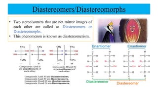 Diastereomers/Diastereomorphs
• Two stereoisomers that are not mirror images of
each other are called as Diastereomers or
Diastereomorphs.
• This phenomenon is known as diastereomerism.
 