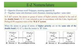E-Z Nomenclature
E = Opposite (German word: Entgegen, meaning opposite) &
Z = Together /same side (German word: Zusamen, meaning together / same side)
In E &Z system, the atoms or group of atoms of higher priority attached to the end of
the double bond (>C=C<) are selected as per in accordance with the Cahn, Ingold and
Prelog (CIP) sequence rules of the ‘R & S’ system.
When the atoms or group of atoms of higher priority are on the same side of the
double bond (>C=C<); then the isomer is “Z”-form
 