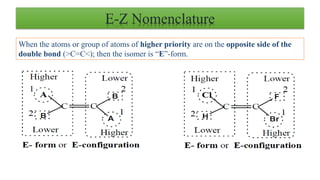 E-Z Nomenclature
When the atoms or group of atoms of higher priority are on the opposite side of the
double bond (>C=C<); then the isomer is “E”-form.
 