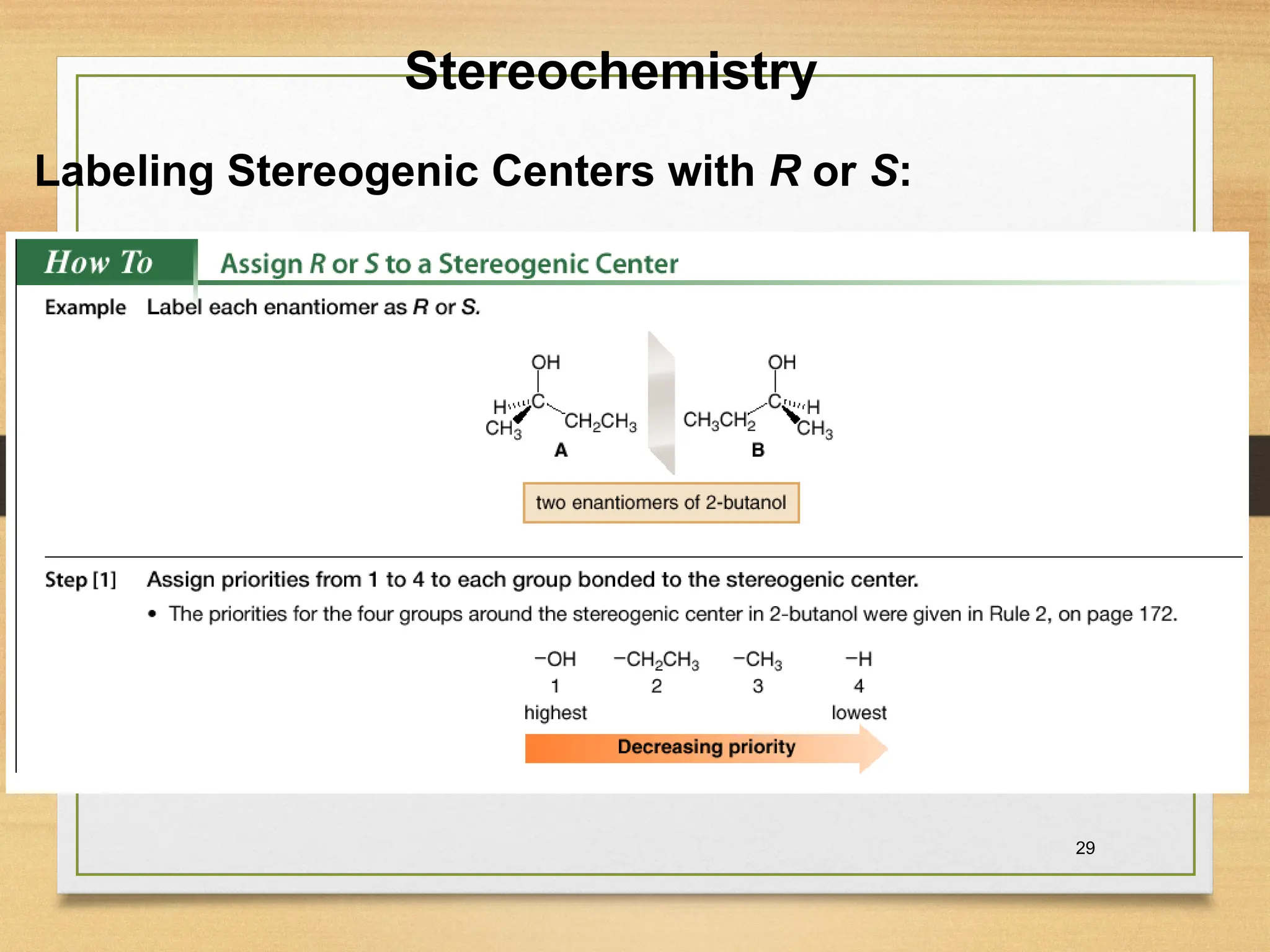 29
Stereochemistry
Labeling Stereogenic Centers with R or S:
 