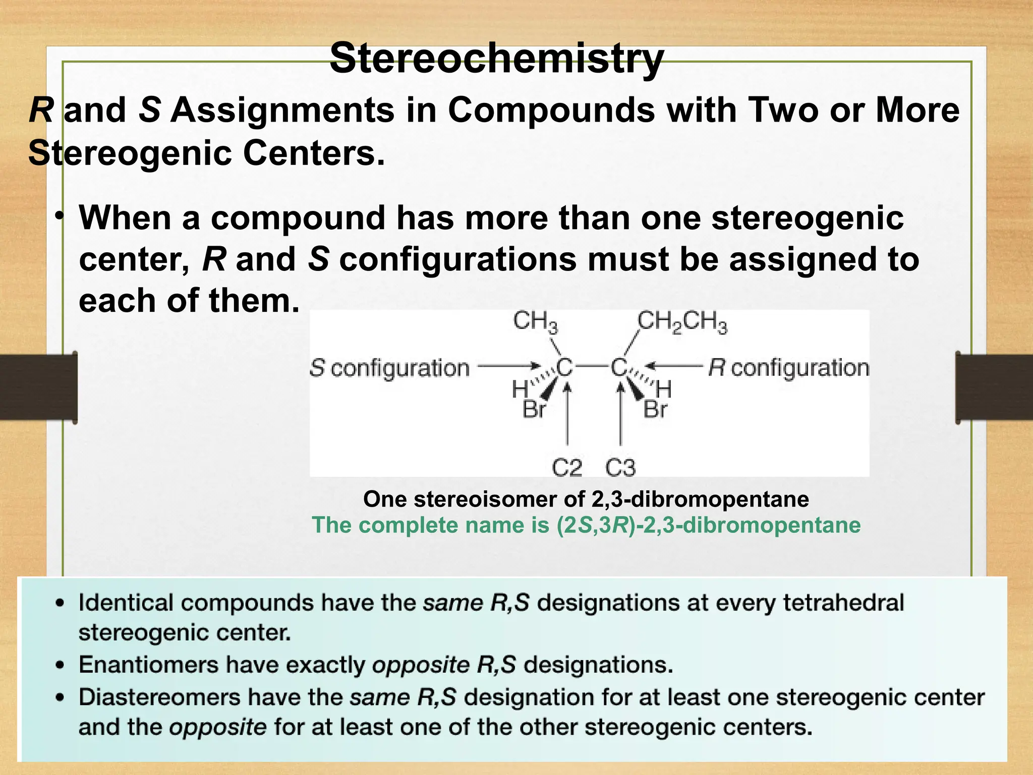41
• When a compound has more than one stereogenic
center, R and S configurations must be assigned to
each of them.
R and S Assignments in Compounds with Two or More
Stereogenic Centers.
One stereoisomer of 2,3-dibromopentane
The complete name is (2S,3R)-2,3-dibromopentane
Stereochemistry
 
