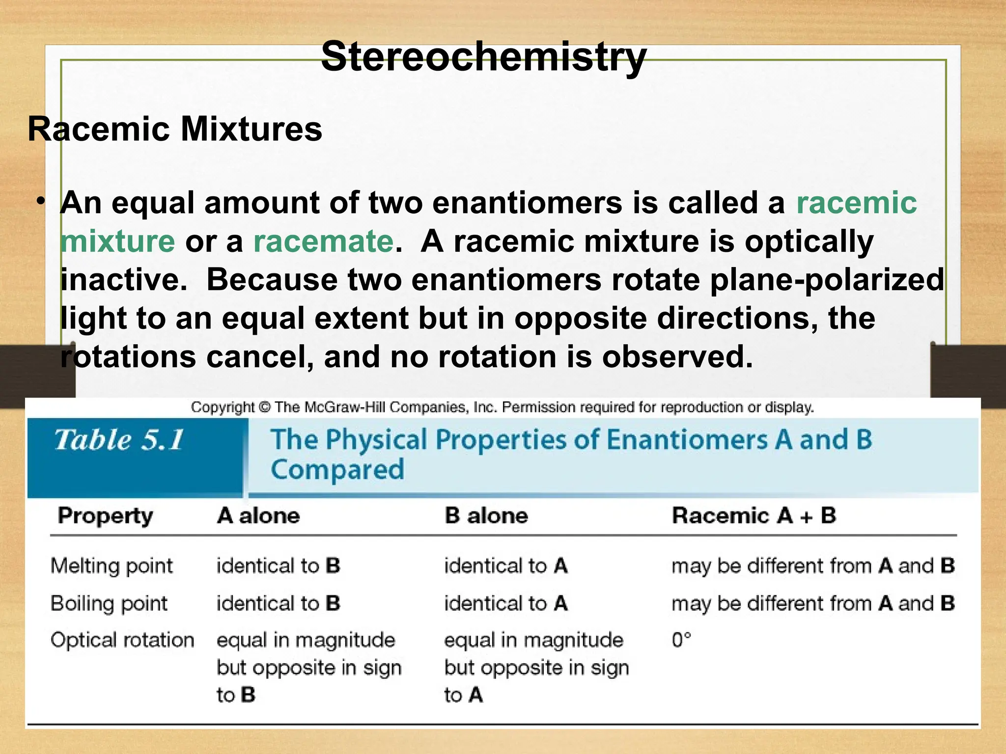 52
• An equal amount of two enantiomers is called a racemic
mixture or a racemate. A racemic mixture is optically
inactive. Because two enantiomers rotate plane-polarized
light to an equal extent but in opposite directions, the
rotations cancel, and no rotation is observed.
Racemic Mixtures
Stereochemistry
 