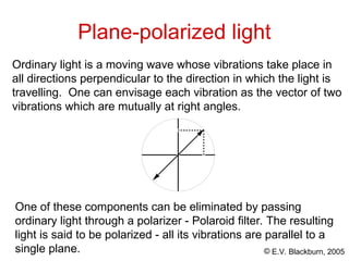 © E.V. Blackburn, 2005
Plane-polarized light
Ordinary light is a moving wave whose vibrations take place in
all directions perpendicular to the direction in which the light is
travelling. One can envisage each vibration as the vector of two
vibrations which are mutually at right angles.
One of these components can be eliminated by passing
ordinary light through a polarizer - Polaroid filter. The resulting
light is said to be polarized - all its vibrations are parallel to a
single plane.
 