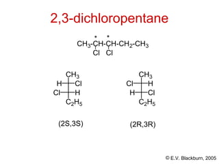 © E.V. Blackburn, 2005
2,3-dichloropentane
(2S,3S) (2R,3R)
CH3-CH-CH-CH2-CH3
Cl
Cl
* *
H Cl
CH3
Cl H
C2H5
Cl H
CH3
H Cl
C2H5
 