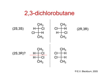 © E.V. Blackburn, 2005
2,3-dichlorobutane
(2S,3S) (2R,3R)
(2S,3R)?
Cl H
CH3
H Cl
CH3
H Cl
CH3
Cl H
CH3
Cl H
CH3
Cl H
CH3
H Cl
CH3
H Cl
CH3
 