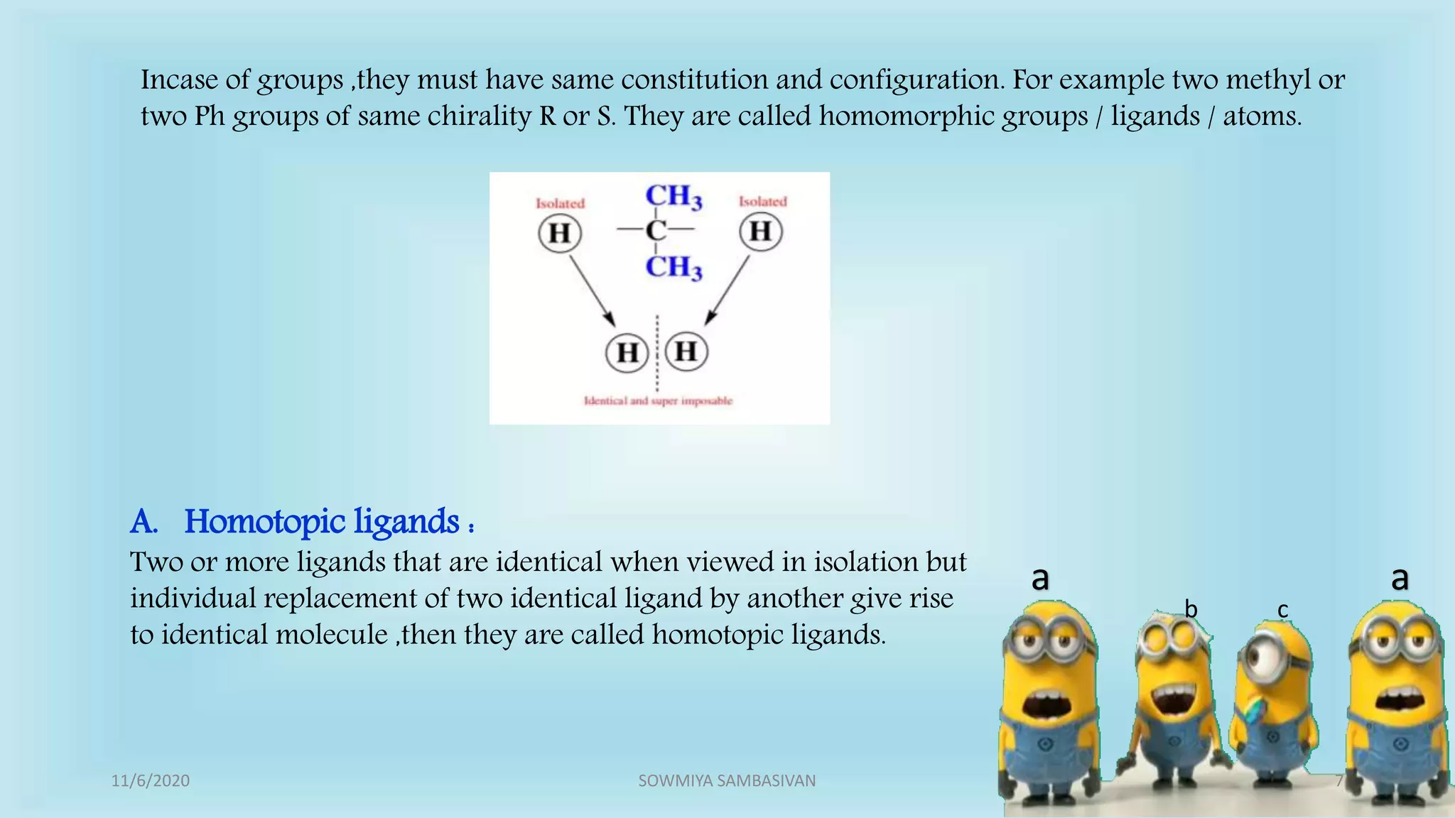 Incase of groups ,they must have same constitution and configuration. For example two methyl or
two Ph groups of same chirality R or S. They are called homomorphic groups / ligands / atoms.
a a
b c
A. Homotopic ligands :
Two or more ligands that are identical when viewed in isolation but
individual replacement of two identical ligand by another give rise
to identical molecule ,then they are called homotopic ligands.
11/6/2020 7SOWMIYA SAMBASIVAN
 