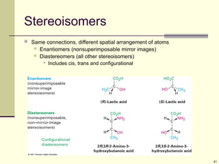 41
Stereoisomers
 Same connections, different spatial arrangement of atoms
 Enantiomers (nonsuperimposable mirror images)
 Diastereomers (all other stereoisomers)
 Includes cis, trans and configurational
 