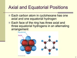 17
Axial and Equatorial Positions
 Each carbon atom in cyclohexane has one
axial and one equatorial hydrogen
 Each face of the ring has three axial and
three equatorial hydrogens in an alternating
arrangement
 