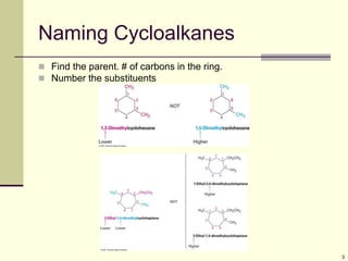 3
Naming Cycloalkanes
 Find the parent. # of carbons in the ring.
 Number the substituents
 