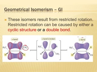 Geometrical Isomerism – GI
 These isomers result from restricted rotation.
Restricted rotation can be caused by either a
cyclic structure or a double bond.
 
