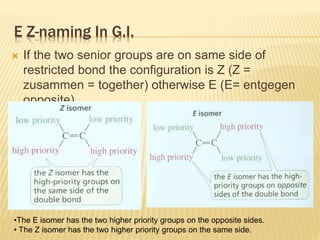 E Z-naming In G.I.
 If the two senior groups are on same side of
restricted bond the configuration is Z (Z =
zusammen = together) otherwise E (E= entgegen
opposite).
•The E isomer has the two higher priority groups on the opposite sides.
• The Z isomer has the two higher priority groups on the same side.
 