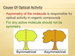 Cause Of Optical Activity
 Asymmetry of the molecule is responsible for
optical activity in organic compounds
 For any active molecule should not be
symmetry
 