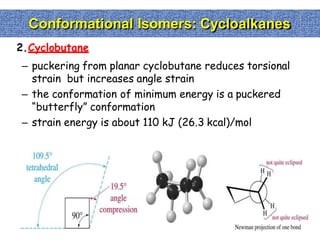 Conformational Isomers: Cycloalkanes
2.Cyclobutane
– puckering from planar cyclobutane reduces torsional
strain but increases angle strain
– the conformation of minimum energy is a puckered
“butterfly” conformation
– strain energy is about 110 kJ (26.3 kcal)/mol
 