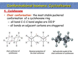 Conformational Isomers: Cycloalkanes
4. Cyclohexane
• Chair conformation: the most stable puckered
conformation of a cyclohexane ring
– all bond C-C-C bond angles are 110.9°
– all bonds on adjacent carbons are staggered
 
