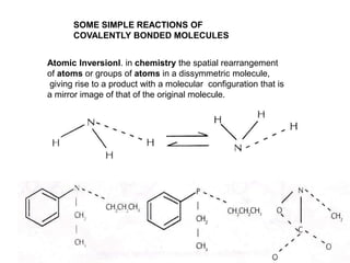 SOME SIMPLE REACTIONS OF
COVALENTLY BONDED MOLECULES
Atomic InversionI. in chemistry the spatial rearrangement
of atoms or groups of atoms in a dissymmetric molecule,
giving rise to a product with a molecular configuration that is
a mirror image of that of the original molecule.
 