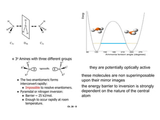 they are potentially optically active
these molecules are non superimposable
upon their mirror images
the energy barrier to inversion is strongly
dependent on the nature of the central
atom
 