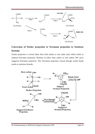Stereochemistry
Dr. Krishnaswamy. G, DOS & R in Organic Chemistry, TUT Page 12
Left side
COOH
NH2
CH3H
Step-1
COOH
H2N Step-2
COOH
HH2N
CH3
(S)-Alanine (S)-Alanine
COOH
NH2
(S)-Alanine
COOH
NH2
H
H3C
Step-1
Step-2
Right side
Conversion of Fischer projection to Newmann projection to Sawhorse
formula:
Fischer projection is viewed either from front carbon or rear cabon atom which results in
eclipsed Newmann projection. Rotation of either front carbon or rear carbon 180o
gives
staggered Newmann projection. This Newmann projection viewed through central bonds
results in sawhorse formula.
 