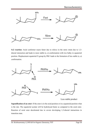 Stereochemistry
Dr. Krishnaswamy. G, DOS & R in Organic Chemistry, TUT Page 58
OTs
OTs
Fast
Slow
SN2 reaction: Axial conformer reacts faster due to relieve in the steric strain due to 1,3-
diaxial interaction and leads to more stable (e, e) conformation with two bulky in equatorial
position. Displacement equatorial X group by PhS-
leads to the formation of less stable (e, a)
conformation.
X
X
PhSNa
PhSNa
SPh
PhS
SPh
Less stable product
PhS
Saponification of an ester: If the ester is in the axial position or in a equatorial position what
is the rate. The equatorial acetate will be hydrolysed faster as compared to the axial ester.
Reaction of axial ester decelerated due to severe developing 1,3-diaxial interactions in
transition state.
 