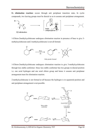 Stereochemistry
Dr. Krishnaswamy. G, DOS & R in Organic Chemistry, TUT Page 60
E2 elimination reaction: occurs through anti periplanar transition state. In cyclic
compounds, two leaving groups must be diaxial so as to assume anti periplanar arrangement.
1-Chloro-2methylcyclohexane undergoes elimination reaction in presence of base to give 3-
methylcyclohexene and 2-methylcyclohexene is not all formed.
CH3
Cl
CH3 CH3
Base
Only prodct formed
1-Chloro-2methylcyclohexane undergoes elimination reaction to give 3-methylcyclohexene
through less stable conformer. Since less stable conformer has two groups in diaxial position
i.e. one axial hydrogen and one axial chloro group and hence it assume anti periplanar
arrangement must for elimination reaction.
2-methylcyclohexene is not formed at all because the hydrogen is in equatorial position and
anti periplanar arrangement is not possible.
CH3
Cl
Cl
CH3
H3C
Cl
H
H
More stable
conformer
Less stable
conformer
Base
Axial
Axial
:B
H3CCH3
CH3
 