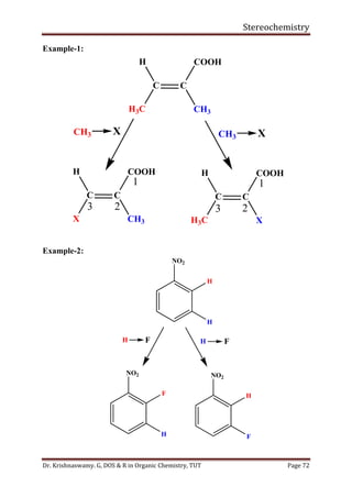 Stereochemistry
Dr. Krishnaswamy. G, DOS & R in Organic Chemistry, TUT Page 72
Example-1:
Example-2:
C C
H3C
H
CH3
COOH
C C
X
H
CH3
COOH
C C
H3C
H
X
COOH
CH3 X CH3 X
1
23
1
23
H F H F
NO2
H
H
NO2
F
H
NO2
H
F
 