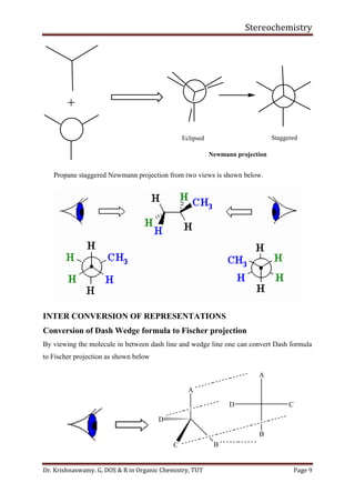 Stereochemistry
Dr. Krishnaswamy. G, DOS & R in Organic Chemistry, TUT Page 9
StaggeredEclipsed
Newmann projection
Propane staggered Newmann projection from two views is shown below.
INTER CONVERSION OF REPRESENTATIONS
Conversion of Dash Wedge formula to Fischer projection
By viewing the molecule in between dash line and wedge line one can convert Dash formula
to Fischer projection as shown below
A
D
C B
A
B
D C
 