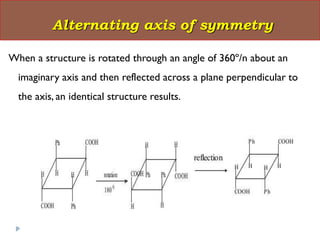 When a structure is rotated through an angle of 360º/n about an
imaginary axis and then reflected across a plane perpendicular to
the axis, an identical structure results.
Alternating axis of symmetry
 