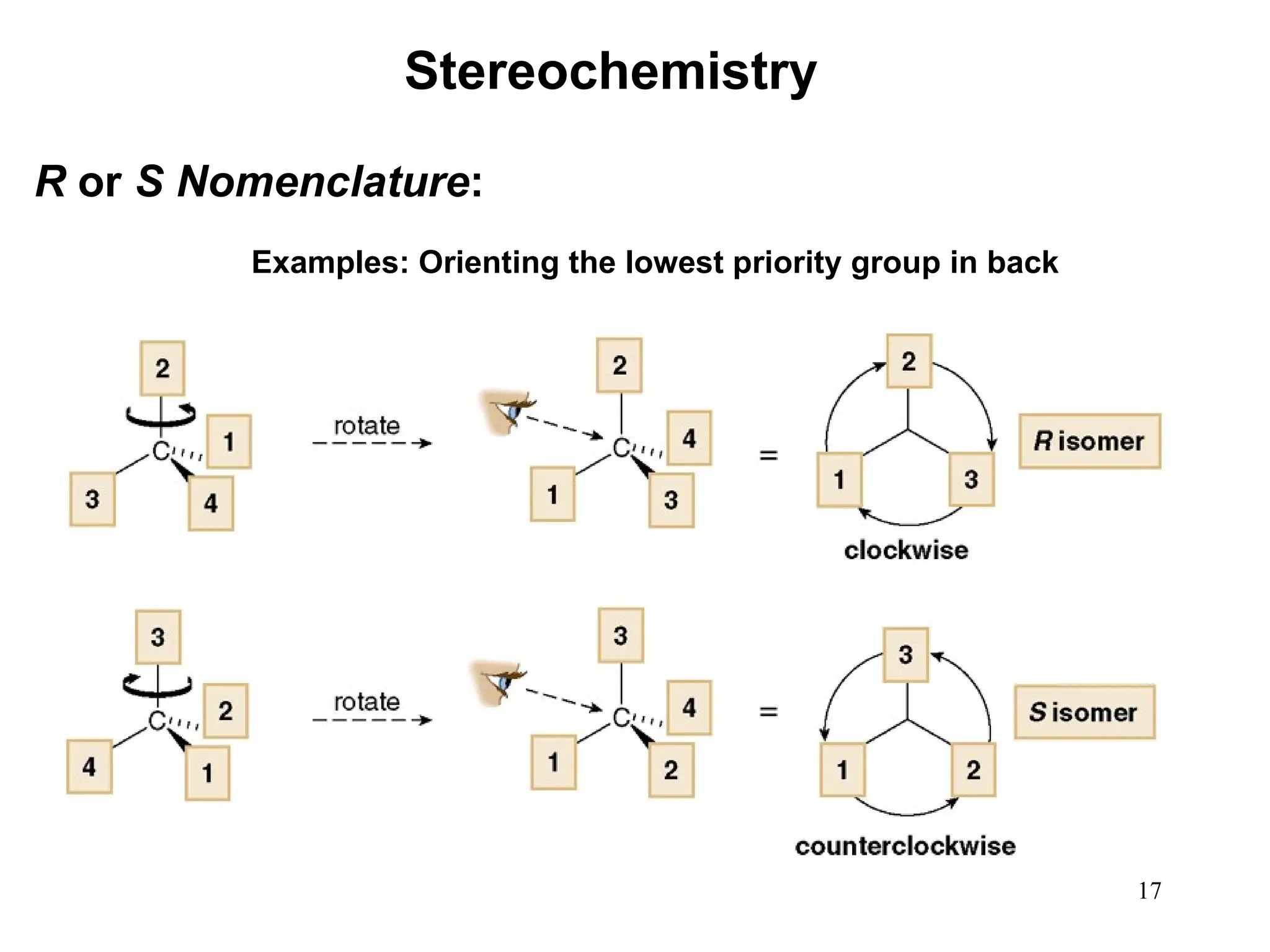 17
Examples: Orienting the lowest priority group in back
Stereochemistry
R or S Nomenclature:
 