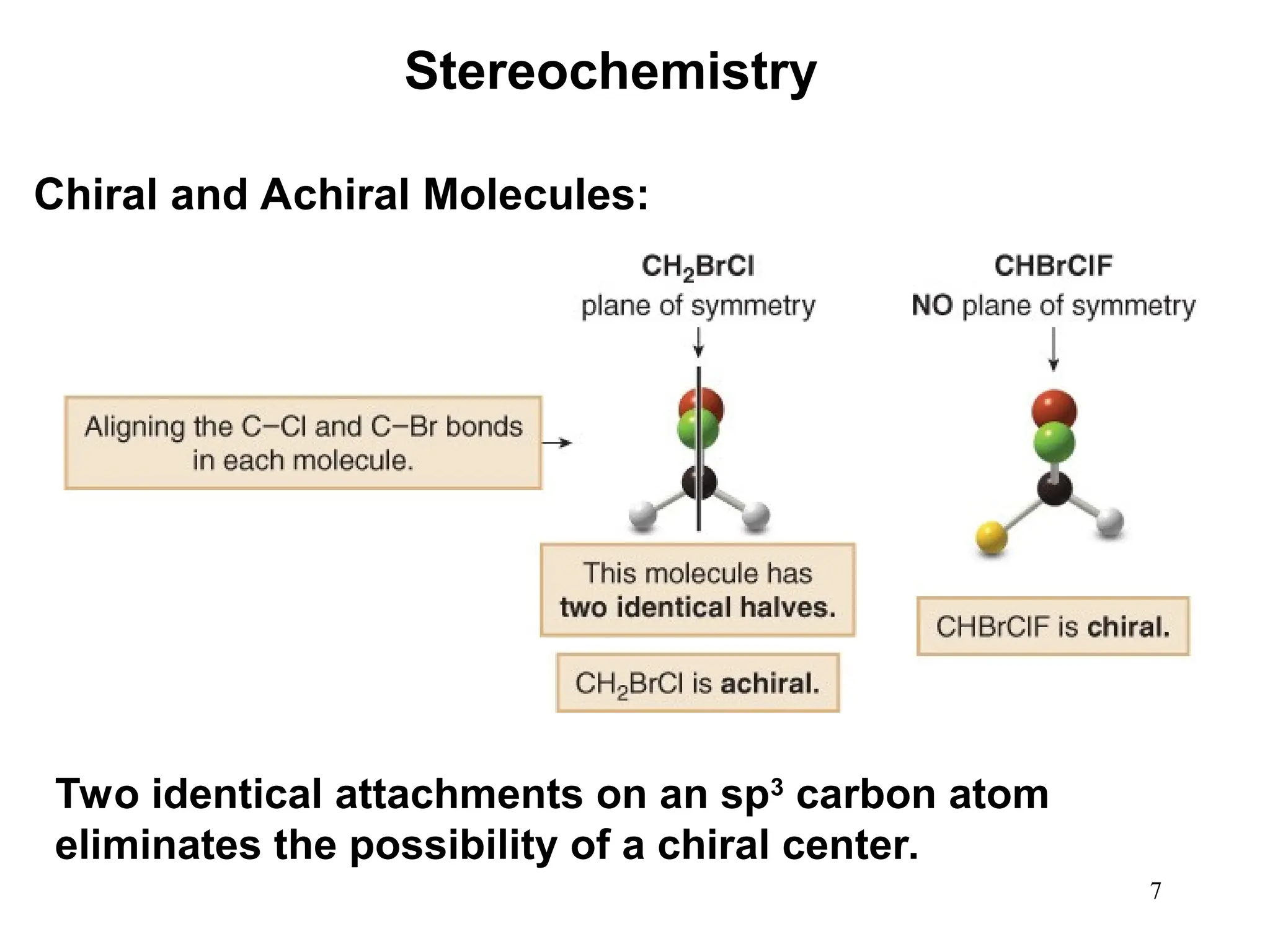 7
Stereochemistry
Chiral and Achiral Molecules:
Two identical attachments on an sp3
carbon atom
eliminates the possibility of a chiral center.
 