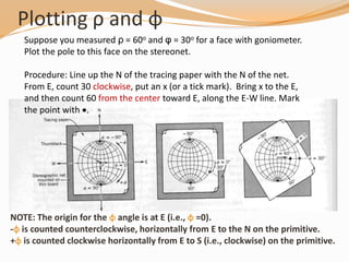Plotting ρ and φ
Suppose you measured ρ = 60o and φ = 30o for a face with goniometer.
Plot the pole to this face on the stereonet.
Procedure: Line up the N of the tracing paper with the N of the net.
From E, count 30 clockwise, put an x (or a tick mark). Bring x to the E,
and then count 60 from the center toward E, along the E-W line. Mark
the point with .
NOTE: The origin for the φ angle is at E (i.e., φ =0).
-φ is counted counterclockwise, horizontally from E to the N on the primitive.
+φ is counted clockwise horizontally from E to S (i.e., clockwise) on the primitive.
 