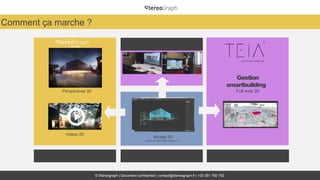 © Stereograph | Document confidentiel | contact@stereograph.fr | +33 361 760 750
Comment ça marche ?
BIM MODEL BIM 7DConception
Perspectives 3D
Vidéos 3D
Modèle 3D
à partir de fichier BIM, Autocad (…)
Gestion
smartbuilding
Full web 3D
Digital
 