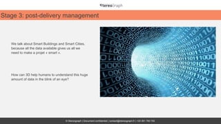 © Stereograph | Document confidentiel | contact@stereograph.fr | +33 361 760 750
Stage 3: post-delivery management
We talk about Smart Buildings and Smart Cities,
because all the data available gives us all we
need to make a projet « smart ».
How can 3D help humans to understand this huge
amount of data in the blink of an eye?
 