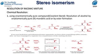 Stereo isomerism
RESOLUTION OF RACEMIC MIXTURE
Chemical Resolution:
1. using enantiomerically pure compound(Covelent Bond): Resolution of alcohol by
enatiomerically pure (R)-mandelic acid or by ester formation
 