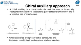Chiral auxiliary approach
• A chiral auxiliary is a chiral molecular unit that can be temporarily
incorporated in an achiral substrate to guide selective formation of one of
a possible pair of enantiomers.
• Chiral auxiliaries are optically active compounds and
introduce chirality in otherwise achiral starting materials.
 