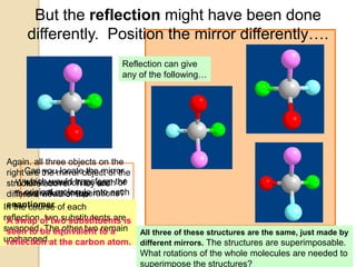 But the reflection might have been done
     differently. Position the mirror differently….
                             Reflection can give
                             any of the following…




 Again. all three objects on the
 right Can the mirror object of the
       are you locate the mirror
 structure above. They eachthe
       which would transform
    What is common to are of
 different reflectionthe into each
       original molecule
    these views of operations?
In themirror object?
 enantiomer. of each
        course
reflection, two substitutents are
 A swap of two substituents is
swapped.be equivalent to a
 seen to The other two remain All three of these structures are the same, just made by
unchanged.at the carbon atom. different mirrors. The structures are superimposable.
 reflection
                                  What rotations of the whole molecules are needed to
                                  superimpose the structures?
 