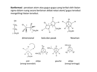 Konformasi : penataan atom atau gugus-gugus yang terikat oleh ikatan
sigma dalam ruang secara berlainan akibat rotasi atom/ gugus tersebut
mengelilingi ikatan tersebut.
OH
CH2
CH2
CH2Cl
1
2
3
C C
Cl
H H
H
H
CH2OH
3
2
1
Cl
H
H
H
H
CH2OH
1
2
3
Cl
H H
HH
CH2OH1
2
3
dimensional bola dan pasak Newman
Cl
H H
HH
CH2OH1
2
3
Cl
H H
1
2
3
H
H
HOH2C
Cl
H H
HHOH2C
H
2
3
Cl
H H2
3
1
H
HOH2C
H
anti eklips gauche eklips
(energi terendah) (energi tertinggi)
 
