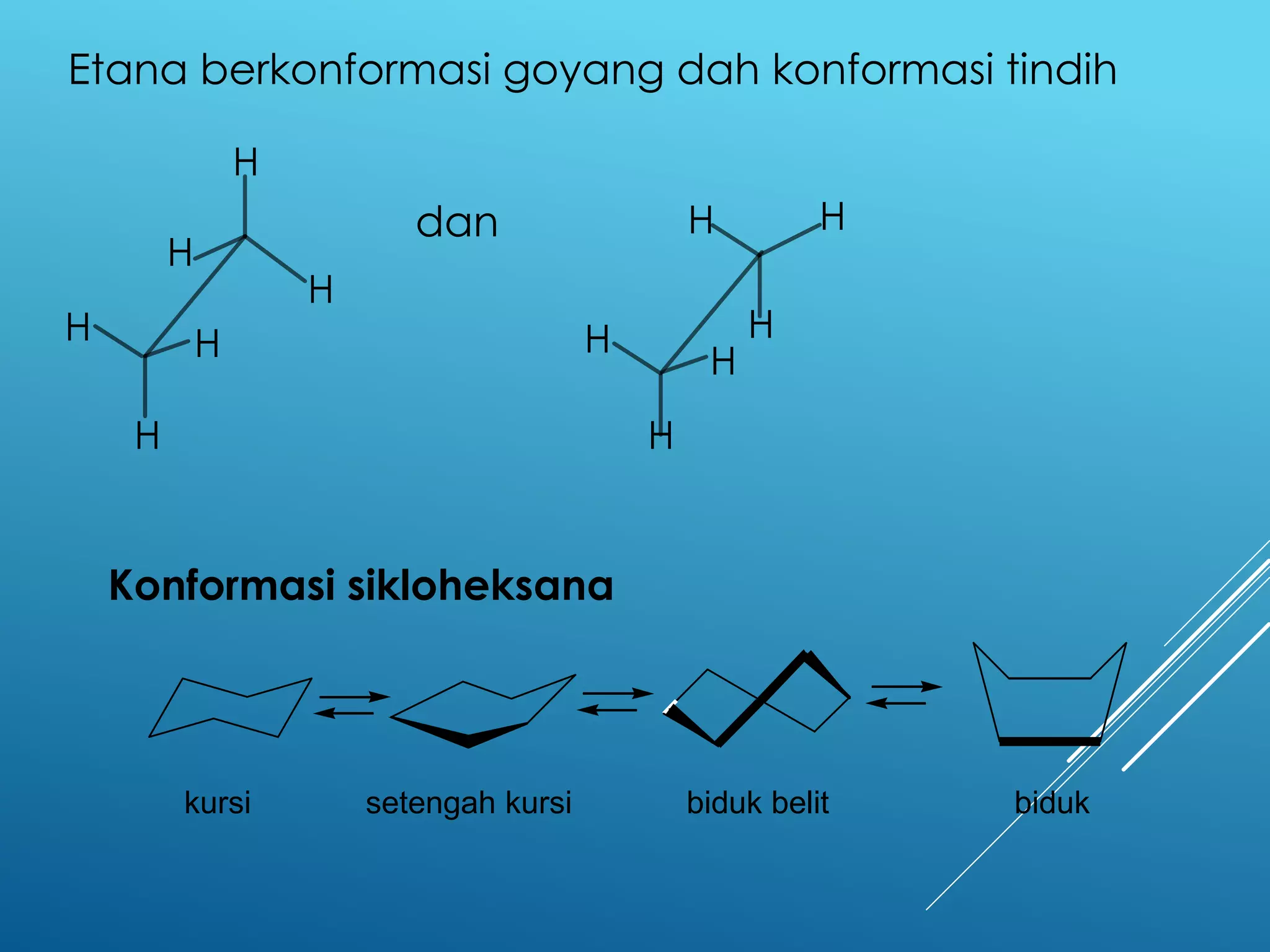 Etana berkonformasi goyang dah konformasi tindih
H

dan

H
H

H
H

H

H

H

H

H

H

H

Konformasi sikloheksana

kursi

setengah kursi

biduk belit

biduk

 