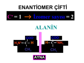 ENANTİOMER ÇİFTİ
Örnek: ALANİN
H3N+
– C – H
COO-
CH3
H– C –+
NH3
COO-
CH3
AYNA
C∗
= 1 → İzomer sayısı = 2
 