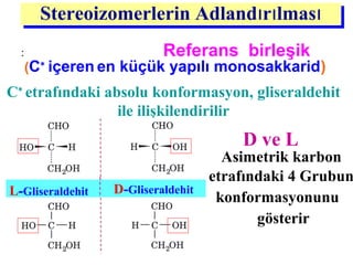 Stereoizomerlerin Adland r lması ı ıStereoizomerlerin Adland r lması ı ı
: GLİSERALDEHİT( Referans birleşik )
(C∗
içeren en küçük yapılı monosakkarid)
D ve L
Asimetrik karbon
etrafındaki 4 Grubun
konformasyonunu
gösterir
C∗
etrafındaki absolu konformasyon, gliseraldehit
ile ilişkilendirilir
L-Gliseraldehit D-Gliseraldehit
 