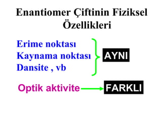 Enantiomer Çiftinin Fiziksel
Özellikleri
Erime noktası
Kaynama noktası
Dansite , vb
AYNI
Optik aktivite FARKLI
 