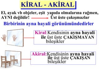 KİRAL - AKİRALKİRAL - AKİRAL
El, ayak vb objeler, eşit yapıda olmalarına rağmen,
AYNI değildir! Üst üste çakışmazlar
Birbirinin ayna hayali görünümündedirler
Kiral:Kendisinin ayna hayali
ile üst üste ÇAKIŞMAYAN
bileşikler
Akiral:Kendisinin ayna hayali
ile üst üste ÇAKIŞAN
bileşikler
 