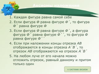 Аксиомы наложения 1. Каждая фигура равна самой себе 2. Если фигура  Ф  равна фигуре  Ф ´ , то фигура  Ф ´  равна фигуре  Ф 3. Если фигура  Ф  равна фигуре  Ф ´ , а фигура фигура  Ф ´  равна фигуре  Ф ´´ , то фигура  Ф  равна фигуре  Ф ´´ 4. Если при наложении концы отрезка  АВ  отображаются в концы отрезка  А ´ В ´ , то отрезок  АВ  отображаются на отрезок  А ´ В ´ 5. На любом луче от его начала можно отложить отрезок, равный данному и притом только один к системе аксиом 