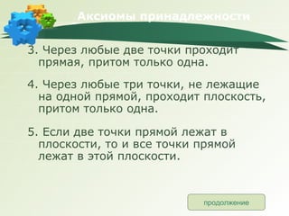 Аксиомы принадлежности 3. Через любые две точки проходит прямая, притом только одна. 4. Через любые три точки, не лежащие на одной прямой, проходит плоскость, притом только одна. 5. Если две точки прямой лежат в плоскости, то и все точки прямой лежат в этой плоскости. продолжение 