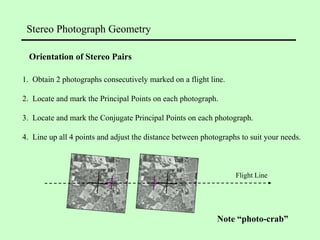 1. Obtain 2 photographs consecutively marked on a flight line.
2. Locate and mark the Principal Points on each photograph.
3. Locate and mark the Conjugate Principal Points on each photograph.
4. Line up all 4 points and adjust the distance between photographs to suit your needs.
Stereo Photograph Geometry
Orientation of Stereo Pairs
Flight Line
Note “photo-crab”
 