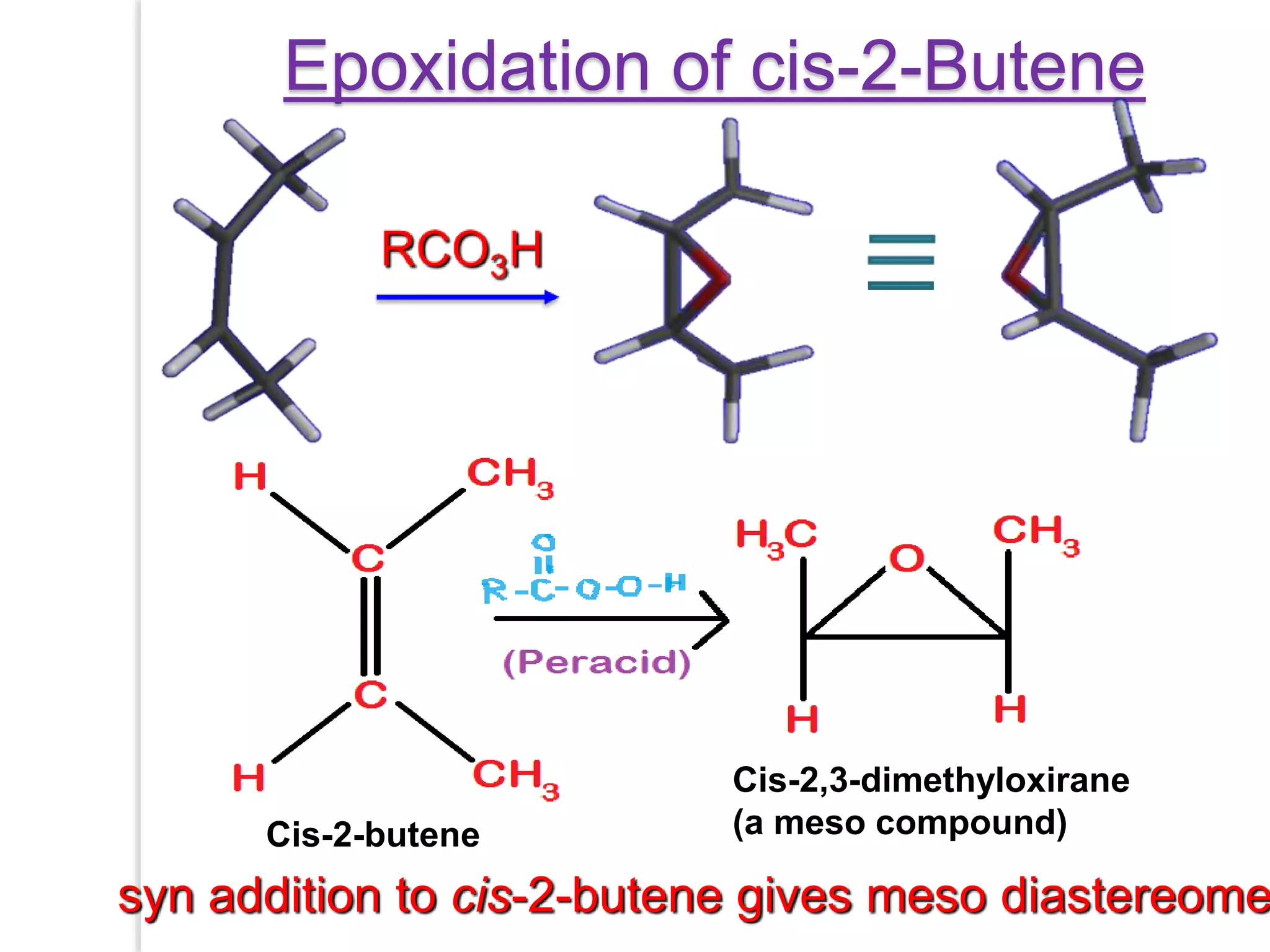 Epoxidation of cis-2-Butene
syn addition to cis-2-butene gives meso diastereome
Cis-2-butene
Cis-2,3-dimethyloxirane
(a meso compound)
 