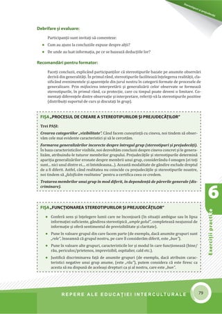Debrifare și evaluare: 
ƒ”–‹…‹’ƒì‹‹•—–‹˜‹–ƒì‹•£…‘‡–‡œ‡ǣ 
Ȉ —ƒ—ƒŒ—•Žƒ…‘…Ž—œ‹‹Ž‡‡š’—•‡†‡•’”‡ƒŽì‹‹ǫ 
Ȉ ‡—†‡ƒ—Ž—ƒ–‹ˆ‘”ƒì‹ƒǡ’‡…‡•‡„ƒœ‡ƒœ£†‡†—…ì‹‹Ž‡Ž‘”ǫ 
Recomandări pentru formator: 
Stereotipuri şi prejudecăţi 
	ƒ…‡ì‹…‘…Ž—œ‹‹ǡ‡š’Ž‹…Ÿ†’ƒ”–‹…‹’ƒì‹Ž‘”…£•–‡”‡‘–‹’—”‹Ž‡„ƒœƒ–‡’‡ƒ—‹–‡‘„•‡”˜£”‹ 
†‡”‹˜£†‹‰‡‡”ƒŽ‹–£ì‹ǤB’”‹—Ž”Ÿ†ǡ•–‡”‡‘–‹’—”‹Ž‡ˆƒ…‹Ž‹–‡ƒœ£Áì‡Ž‡‰‡”‡ƒ”‡ƒŽ‹–£ì‹‹ǡ…ŽƒǦ 
•‹ϐ‹…Ÿ†‡˜‡‹‡–‡Ž‡è‹ƒ’ƒ”‡ì‡Ž‡†‹Œ—”—Ž‘•–”—Á…ƒ–‡‰‘”‹‹ˆ‘”ƒ–‡†‡’”‘…‡•‡Ž‡†‡ 
‰‡‡”ƒŽ‹œƒ”‡Ǥ ”‹ ‹ŒŽ‘…‹”‡ƒ ‹–‡”’”‡–£”‹‹ è‹ ‰‡‡”ƒŽ‹œ£”‹‹ …‡Ž‘” ‘„•‡”˜ƒ–‡ •‡ ˆ‘”‡ƒœ£ 
•–‡”‡‘–‹’—”‹Ž‡ǡÁ’”‹—Ž”Ÿ†ǡ…ƒ’”‘–‡…ì‹‡ǡ…ƒ”‡…—–‹’—Ž’‘ƒ–‡†‡˜‡‹‘Ž‹‹–ƒ”‡Ǥ‘Ǧ 
‡–ƒì‹†‹ˆ‡”‡ì‡Ž‡†‹–”‡‘„•‡”˜ƒì‹‡è‹‹–‡”’”‡–ƒ”‡ǡ”‡ˆ‡”‹ì‹Ǧ˜£Žƒ•–‡”‡‘–‹’—”‹Ž‡’‘œ‹–‹˜‡ 
ȋ†‹•–”‹„—‹ì‹•—’‘”–—Ž†‡…—”•è‹†‹•…—–ƒì‹Á‰”—’ȌǤ 
FIȘA „PROCESUL DE CREARE A STEREOTIPURILOR ȘI PREJUDECĂŢILOR” 
Trei PAgI: 
Crearea categoriilor „vizibilitate”. Ÿ†ˆƒ…‡…—‘è–‹ì£…—…‹‡˜ƒǡ‘‹–‹†‡•£‘„•‡”Ǧ 
˜£…‡Ž‡ƒ‹‡˜‹†‡–‡…ƒ”ƒ…–‡”‹•–‹…‹è‹•£Ž‡…‡”…‡–£Ǥ 
Formarea generaliz£rilor incorecte despre întregul grup (stereotipuri èi prejudec£ìi). 
B„ƒœƒ…ƒ”ƒ…–‡”‹•–‹…‹Ž‘”˜‹œ‹„‹Ž‡ǡ‘‹†‡œ˜‘Ž–£…‘…Ž—œ‹‹†‡•’”‡…‹‡˜ƒ…‘…”‡–è‹Ž‡‰‡‡”ƒǦ 
Ž‹œ£ǡƒ–”‹„—‹†—ǦŽ‡–—–—”‘”‡„”‹Ž‘”‰”—’—Ž—‹Ǥ”‡Œ—†‡…£ì‹Ž‡è‹•–‡”‡‘–‹’—”‹Ž‡†‡–‡”‹£ 
ƒ’ƒ”‹ì‹ƒ‰‡‡”ƒŽ‹œ£”‹Ž‘”‡”‘ƒ–‡†‡•’”‡‡„”‹‹——‹‰”—’ǡ…‘•‹†‡”Ÿ†—ǦŽ‘‘‰‡ȋ‡‹–‘ì‹ 
•—–ǤǤǤ‹…‹——Ž†‹–”‡‡‹ǤǤǤǤ‡‹Á–‘–†‡ƒ—ƒǤǤǤȌǤ…‡ƒ•–£‘†ƒŽ‹–ƒ–‡†‡‰Ÿ†‹”‡‡š…Ž—†‡†”‡’–—Ž 
†‡ƒϐ‹†‹ˆ‡”‹–Ǥ•–ˆ‡Žǡ…Ÿ†”‡ƒŽ‹–ƒ–‡ƒ—…‘‹…‹†‡…—’”‡Œ—†‡…£ì‹Ž‡è‹•–‡”‡‘–‹’—”‹Ž‡‘ƒ•–”‡ǡ 
‘‹–‹†‡•£„falsific£m realitatea” ’‡–”—ƒ…‡”–‹ϐ‹…ƒ…‡‡ƒ…‡…”‡†‡Ǥ 
Tratarea membrilor unui grup în mod diferit, în dependenì£ de p£rerile generale (dis-criminare). 
FIȘA „FUNCŢIONAREA STEREOTIPURILOR ȘI PREJUDECĂŢILOR” 
Ȉ ‘ˆ‡”£•‡•è‹Áì‡Ž‡‰‡”‡Ž—‹‹…ƒ”‡‡Á…‘Œ‘ƒ”£ȋÁ•‹–—ƒì‹‹ƒ„‹‰—‡•ƒ—ÁŽ‹’•ƒ 
‹ˆ‘”ƒì‹‡‹•—ϐ‹…‹‡–‡ǡ‰Ÿ†‹”‡ƒ•–‡”‡‘–‹’‹…£„umple golul”ǡ…‘’Ž‡–‡ƒœ£‡ƒŒ—•—Ž†‡ 
‹ˆ‘”ƒì‹‡è‹‘ˆ‡”£•‡–‹‡–—Ž†‡’”‡˜‹œ‹„‹Ž‹–ƒ–‡è‹…Žƒ”‹–ƒ–‡ȌǤ 
Ȉ —‡Á˜ƒŽ‘ƒ”‡‰”—’—Ž†‹…ƒ”‡ˆƒ…‡’ƒ”–‡ȋ†‡‡š‡’Ž—ǡ†ƒ…£ƒ—‹–‡‰”—’—”‹•—– 
„rele”ǡÁ•‡ƒ£…£‰”—’—Ž‘•–”—ǡ’‡…ƒ”‡ÁŽ…‘•‹†‡”£†‹ˆ‡”‹–ǡ‡•–‡„bun”ȌǤ 
Ȉ —‡Á˜ƒŽ‘ƒ”‡ƒŽ–‡‰”—’—”‹ǡ…ƒ”ƒ…–‡”‹•–‹…‹Ž‡Ž‘”è‹‘†—ŽÁ…ƒ”‡ˆ—…ì‹‘‡ƒœ£ȋ„‹‡Ȁ 
”£—ǡ’‡”‹…—Ž‘•Ȁ’”‹‡–‡‘•ǡ‹’”‡˜‹œ‹„‹Žǡ‘•’‹–ƒŽ‹‡”ǡ…ƒŽ†‡–…ǤȌǤ 
Ȉ 
—•–‹ϐ‹…£ †‹•…”‹‹ƒ”‡ƒ ˆƒì£ †‡ ƒ—‹–‡ ‰”—’—”‹ ȋ†‡ ‡š‡’Ž—ǡ †ƒ…£ ƒ–”‹„—‹ …ƒ”ƒ…Ǧ 
–‡”‹•–‹…‹ ‡‰ƒ–‹˜‡ ——‹ ‰”—’ ƒ—‡ǡ ȋ‡•–‡ „r£u”Ȍǡ ’—–‡ …‘•‹†‡”ƒ …£ ‡•–‡ ϐ‹”‡•… …ƒ 
ƒ…‡•–ƒ•£—†‹•’—£†‡ƒ…‡Ž‡ƒè‹†”‡’–—”‹…ƒè‹ƒŽ‘•–”—ǡ…ƒ”‡‡•–‡„bun”Ǥ 
R E P E R E A L E E D U C A ğ I E I I N T E R C U LT U R A L E 79 
6 
Exerciţii practice 
 